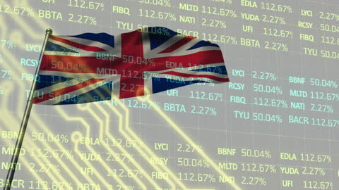 UK Flag and Stock Market Data Visually Merge with Microprocessor Overlay