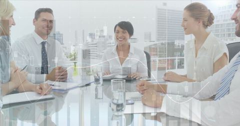Interracial Team Collaborating in Modern Office with Data Overlay - Download Free Stock Images Pikwizard.com