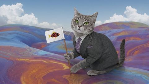 Dapper gray tabby wearing suit holding fish flag on colorful marbled landscape