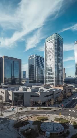 Vertical video capturing sunlight reflecting on glass skyscraper across modern urban plaza