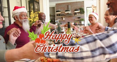 Senior friends celebrating christmas dinner together with joy