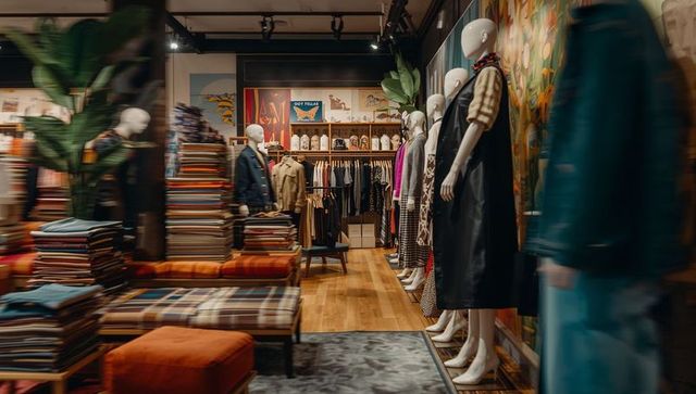 Showcasing boutique mannequins wearing coats and scarves amid stacked textiles and warm wood