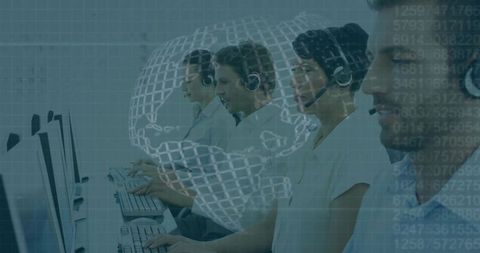 Call center team providing global customer support with data overlay, headsets, analytics
