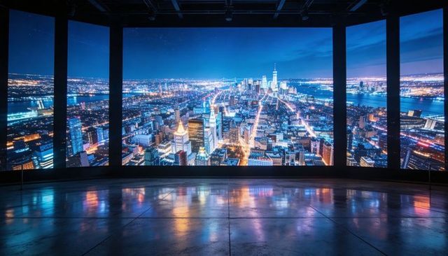 Curved led gallery display showing vibrant night cityscape reflections on polished floor