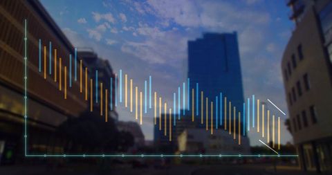 Urban skyline with translucent financial data overlay blue gold histogram bars