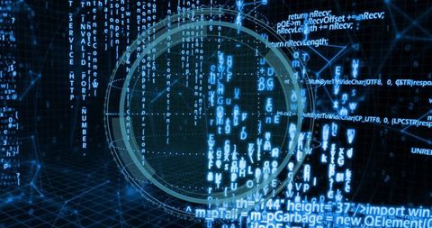 Futuristic HUD Interface Pulsing Over Cascading Code and Neon Grid for Data Visualization