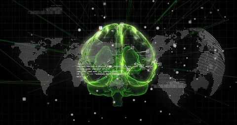 Green 3d brain hologram over world map with data overlay