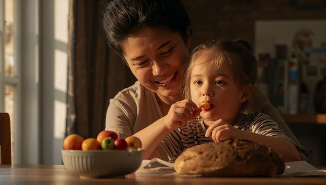 Smiling parent feeding child fruit snack at sunlit kitchen table with bread and fruit bowl