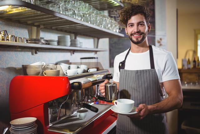 Barista wearing apron, smiling, making coffee in a brightly lit cafe. Ideal for representing coffee culture, hospitality industry, customer service, or a friendly café environment.