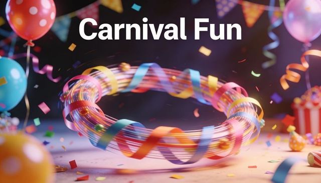 Floating translucent ribbon torus surrounded by colorful confetti, balloons and bunting