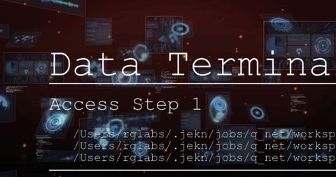 Neon data terminal hud display showing scrolling code, futuristic cyber network interface