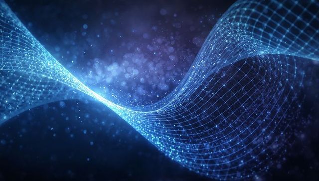 Glowing blue wireframe wave across digital space with neon nodes and particles