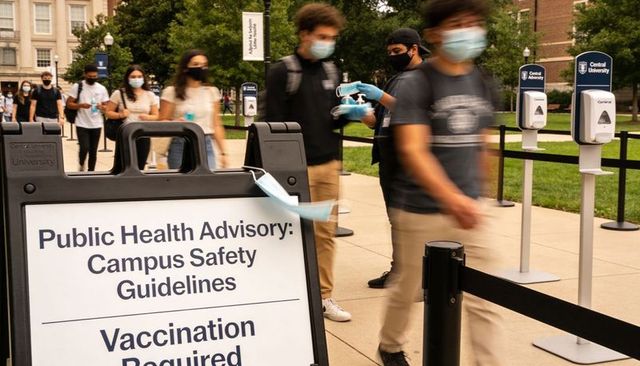 Students passing campus checkpoint wearing masks with vaccination required advisory