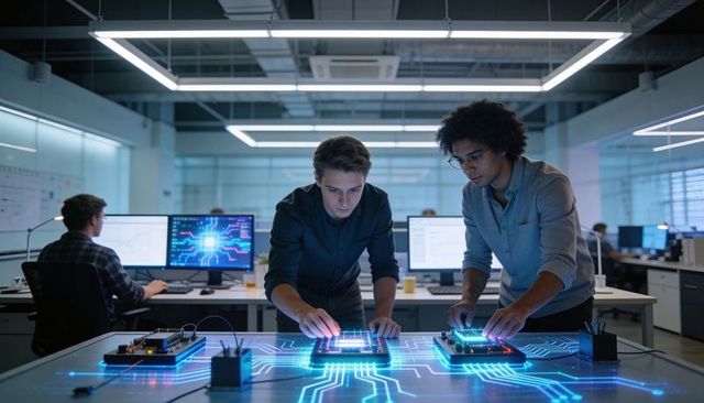 Engineers collaborating on prototype circuit boards with glowing AI hub in modern lab