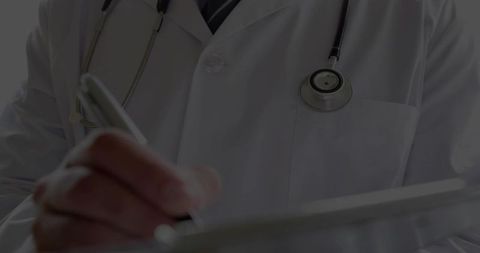 Closeup of doctor reviewing patient records with tablet and stylus