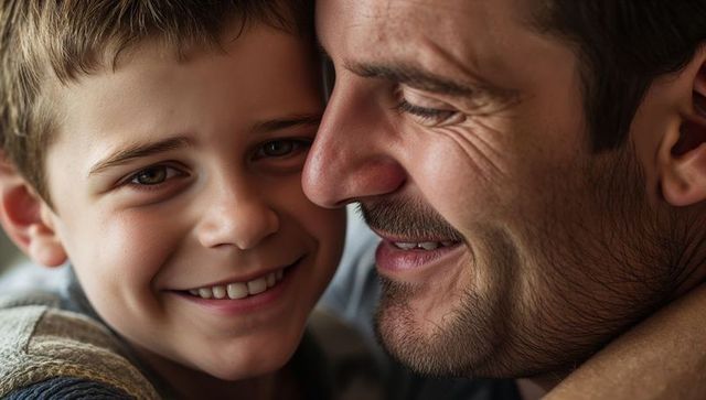 Father and son sharing tender smile closeup showing warm bond and joy