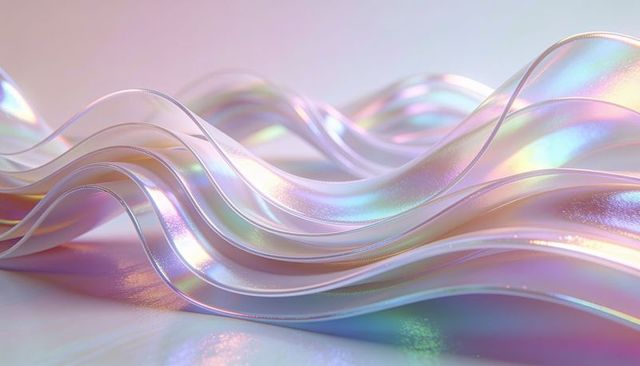 Drifting iridescent ribbons forming layered pearlescent waves with soft pastel glow