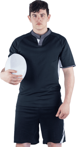 Rugby player posing with ball on transparent background