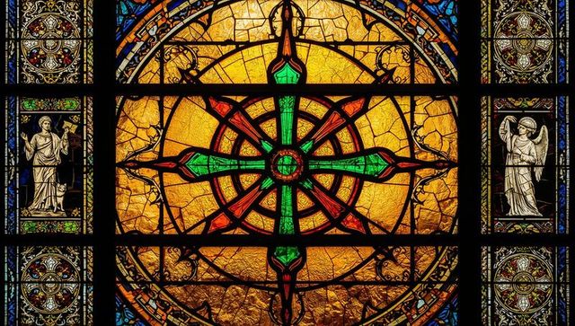 Intricate stained glass star medallion in gothic church nave