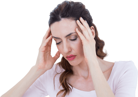 Woman Holding Head on Transparent Background Expressing Discomfort