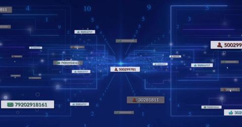 Pulsing Central Data Hub Radiating ID Nodes and Connector Lines Across Blue Network Matrix