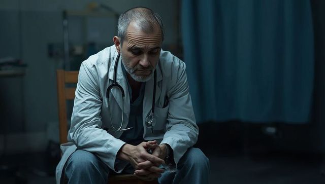 Contemplative doctor in hospital setting with stethoscope