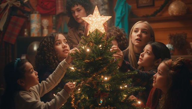 Children Joyfully Decorating Christmas Tree with Star Topper