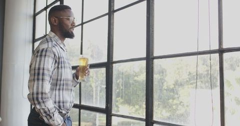 Man Relaxing Break Workplace Drink Beer Looking Window