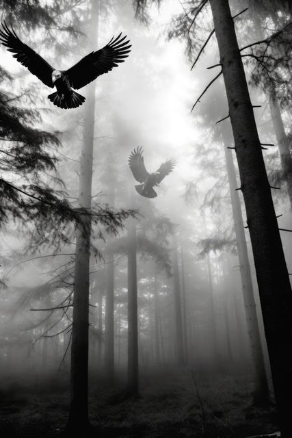 Two eagles soar amidst a misty forest, evoking a sense of mystery. The image captures the majestic birds in flight, contrasting with the ethereal woodland backdrop.