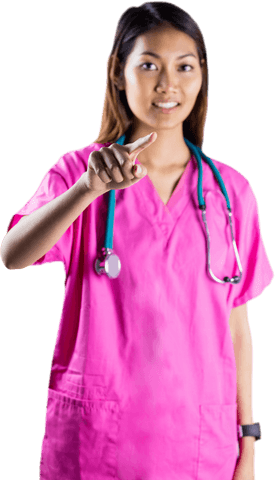 Smiling Asian Nurse in Pink Scrubs Pointing with Transparent Background