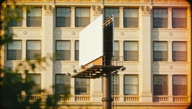 Blank billboard standing above sunlit classical building facade with urban streetscape