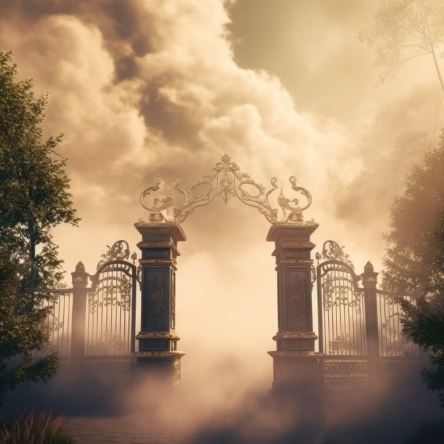 Mystical decorative gates shrouded in mist and clouds with a dreamlike atmosphere. Ideal for fantasy-themed content, book covers, movie posters, spiritual publications, or meditation magazines.