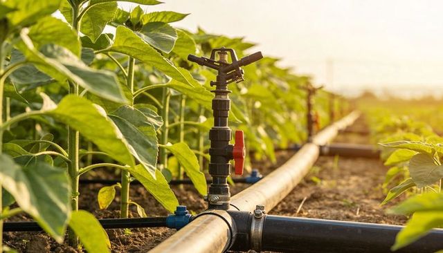 Sunlit rotating sprinkler head and valve riser on irrigation mainline through crop rows
