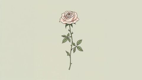 Elegant pale pink rose drawing with slender stem on minimalist backdrop