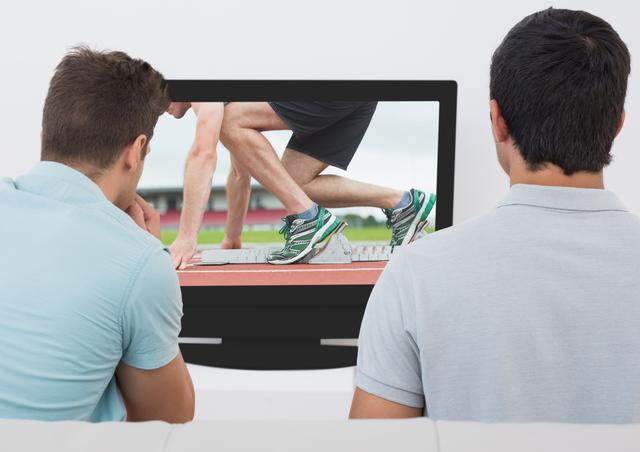 Digital composition of two men watching athletics  on TV screen