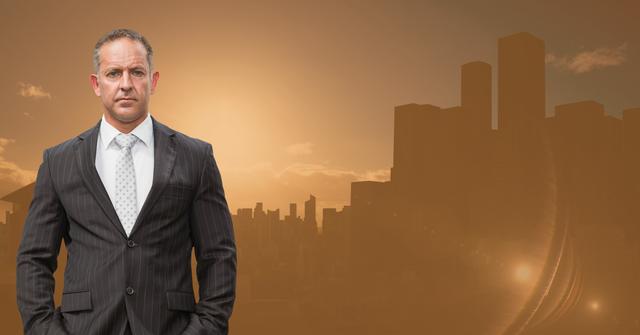 Digital composition of businessman standing with hands in pockets against cityscape in background