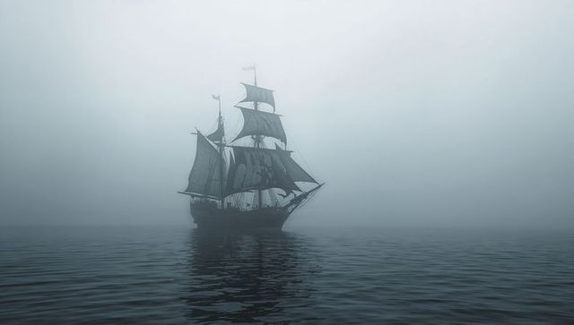 Three-masted tall ship sailing through thick fog over calm reflective ocean