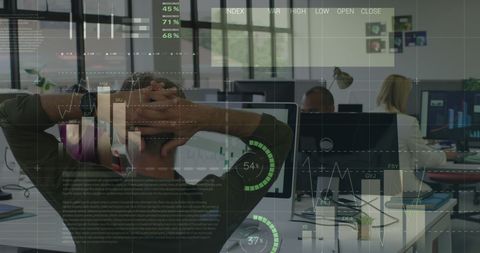 Team collaborating in modern office with digital data overlay