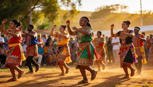 Vibrant traditional dance troupe performing at outdoor cultural festival at golden hour