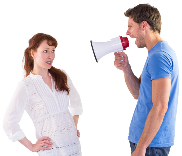 Man Shouting Through Megaphone at Woman on Transparent Background - Download Free Stock Videos Pikwizard.com