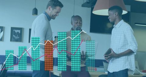 Diverse team collaborating with laptop, displaying dynamic bar and line charts showing growth