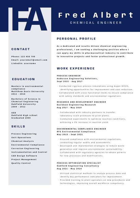 This professional resume template is ideal for chemical engineers looking to make a strong impression. featuring a bold header with clear layout, it effectively highlights educational background, specialized skills, and extensive work experience segments. Ideal for showcasing expertise in the pharmaceutical industry, project management, and academic achievements. Great for those aiming for senior engineering positions or career shifts within technical fields.