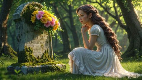 Woman reflecting at gravestone with floral arrangement in tranquil forest, forgiveness theme