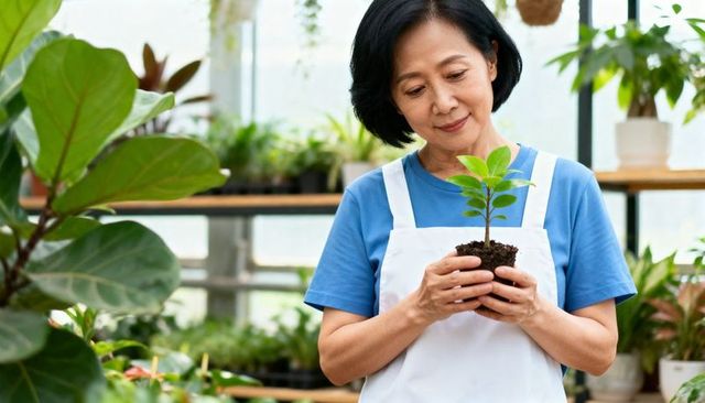 Senior woman holding seedling in greenhouse nurturing plant propagation and home gardening