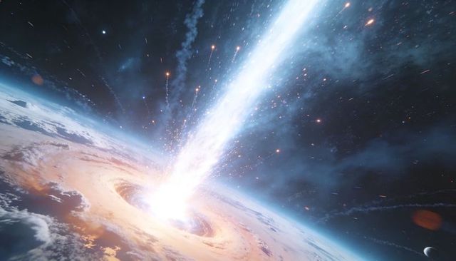 Luminous energy beam striking planetary horizon, cosmic collision swirling plasma ejecta