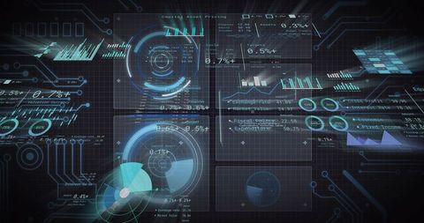 Futuristic data dashboard displaying live analytics, rotating gauges and hud visualizations