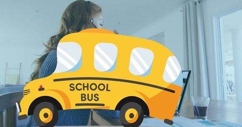 Cartoon School Bus Overlay Home Office with Devices