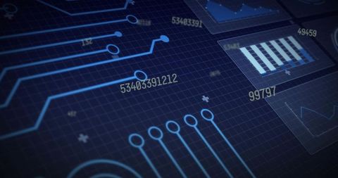 Futuristic data dashboard displaying glowing circuit traces and interactive chart widgets