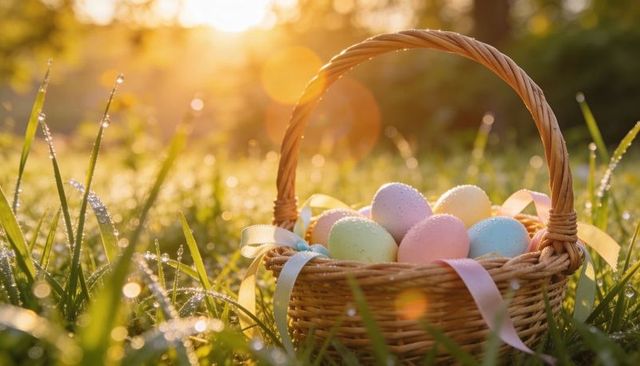 Sunlit easter basket holding pastel eggs glowing in dewy meadow with ribbons