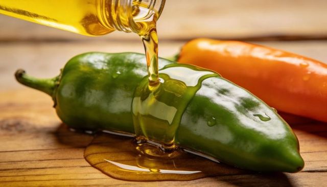 Golden oil pouring over fresh green chili pepper with glossy drip on wooden board